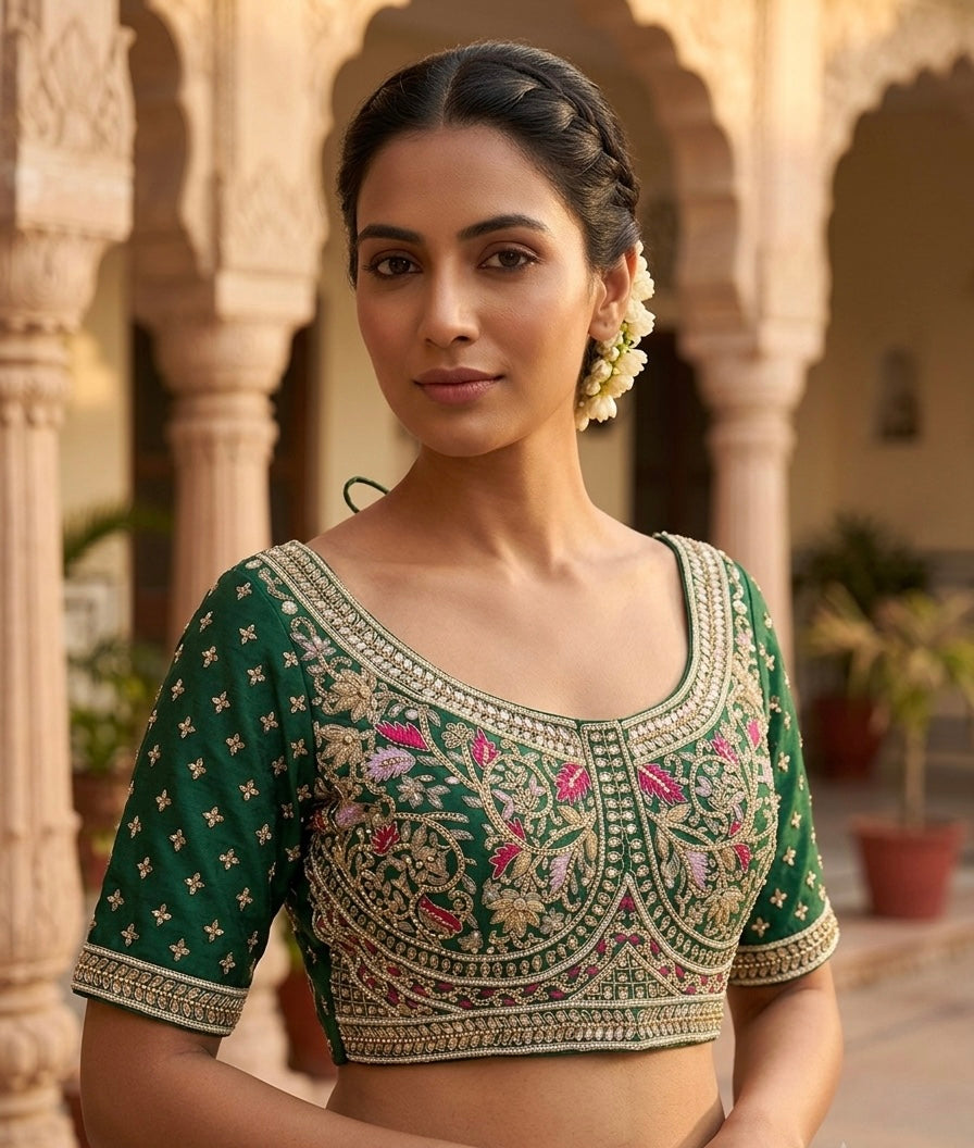 Premium green embroidery work with sleeve Blouse 👚