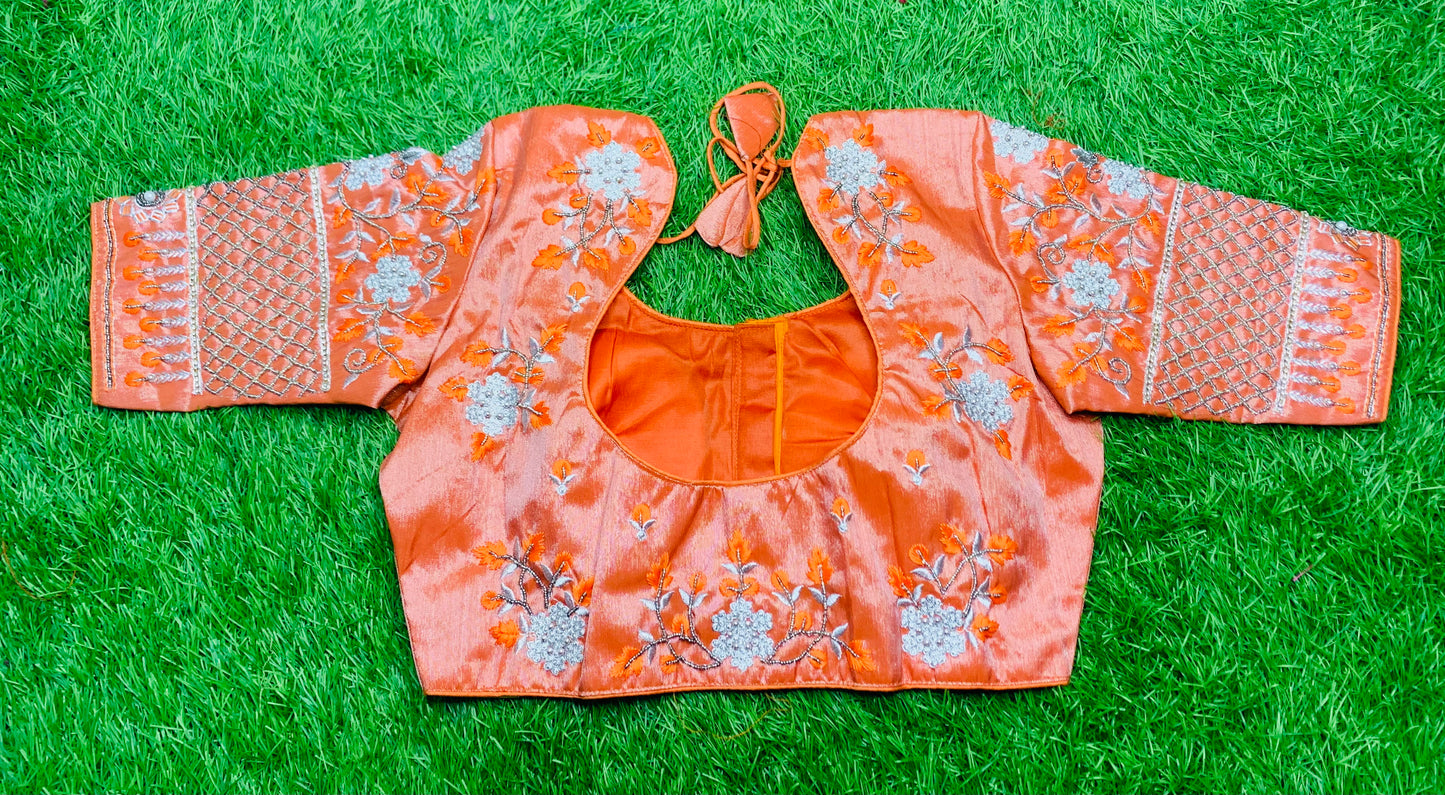Orange 🍊 silver 🩶 tissue with flowers 🌺 work design blouse 👚