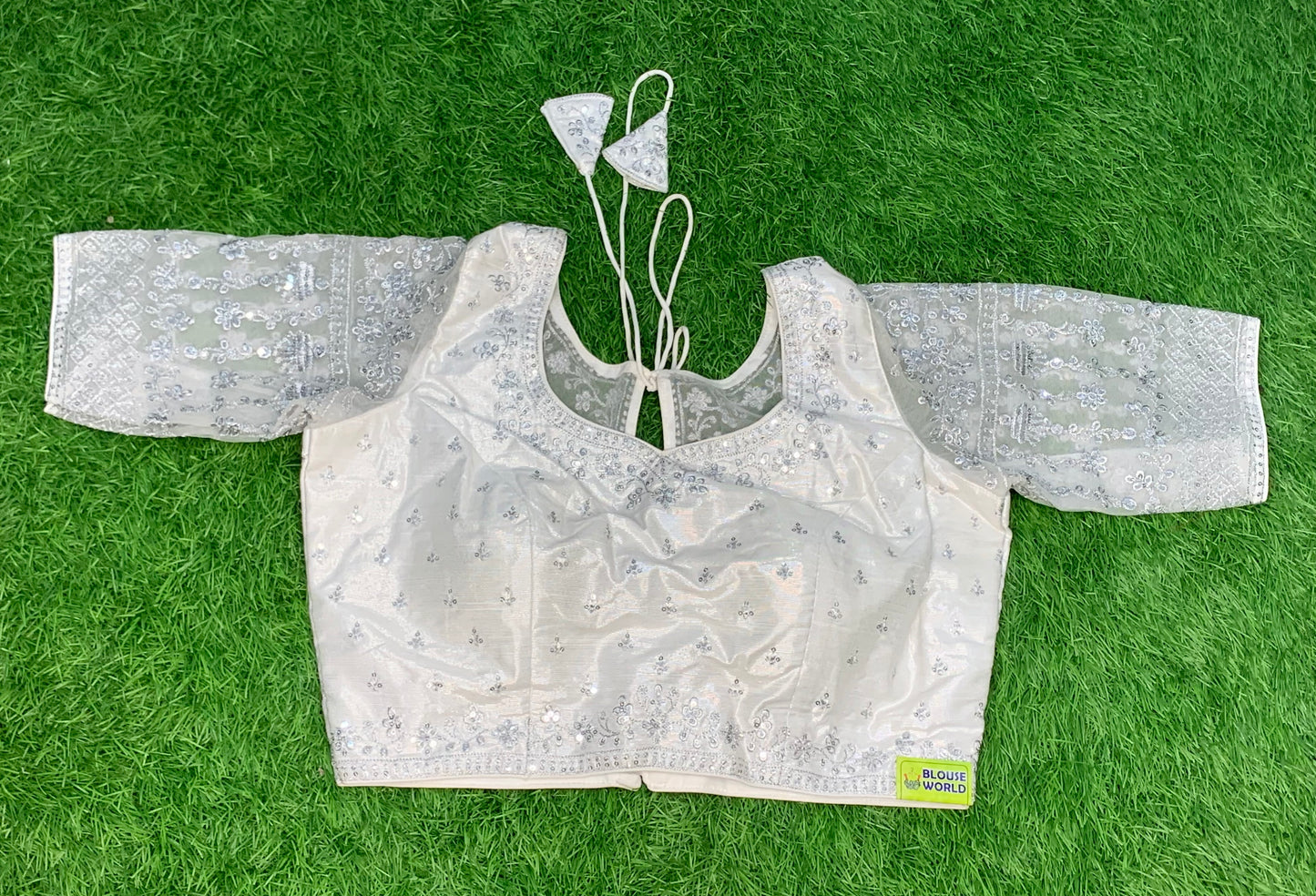 Silver self embroidery work back fancy cut