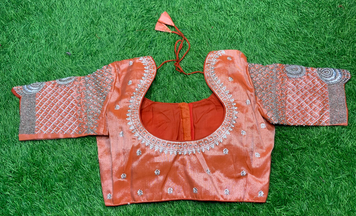 Orange 🍊 tissue with silver heavy work blouse 👚