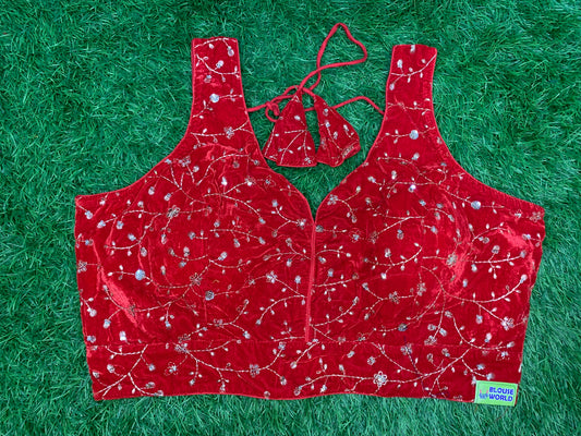 Red velvet blouse with hands v neck
