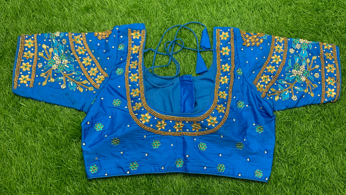 Fairoza blue colour maggam work with 🍁 🍃 leaf design back Heavy work