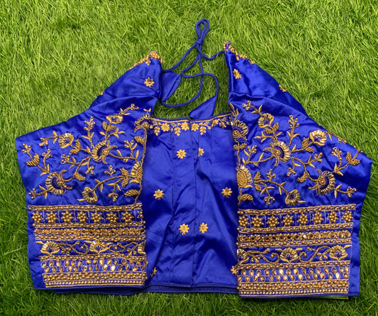Royal blue v neck golden work blouse