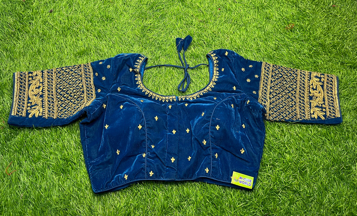 Velvet Rama blue golden work heavy hand work blouse 👚