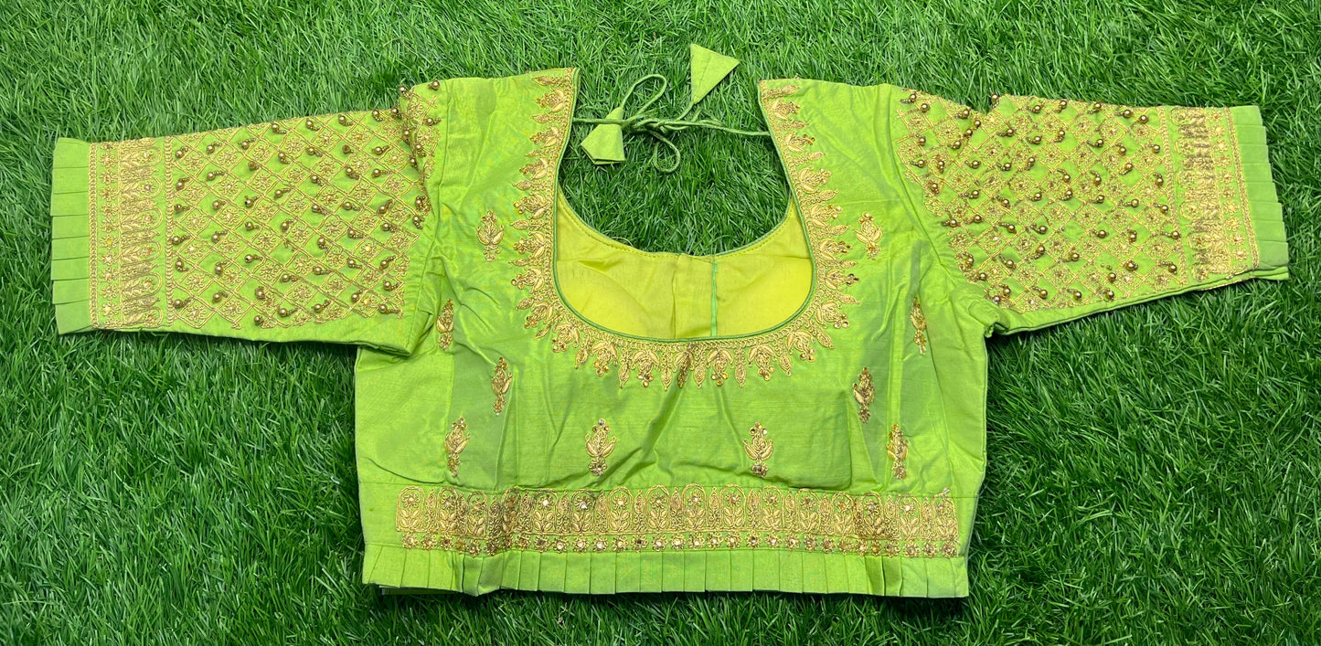 Pista green golden hanging frills maggam work