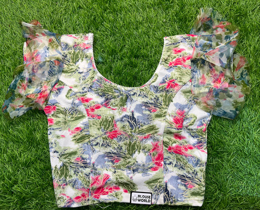 White flower multicolour Strectable blouse with net frills hands xl size