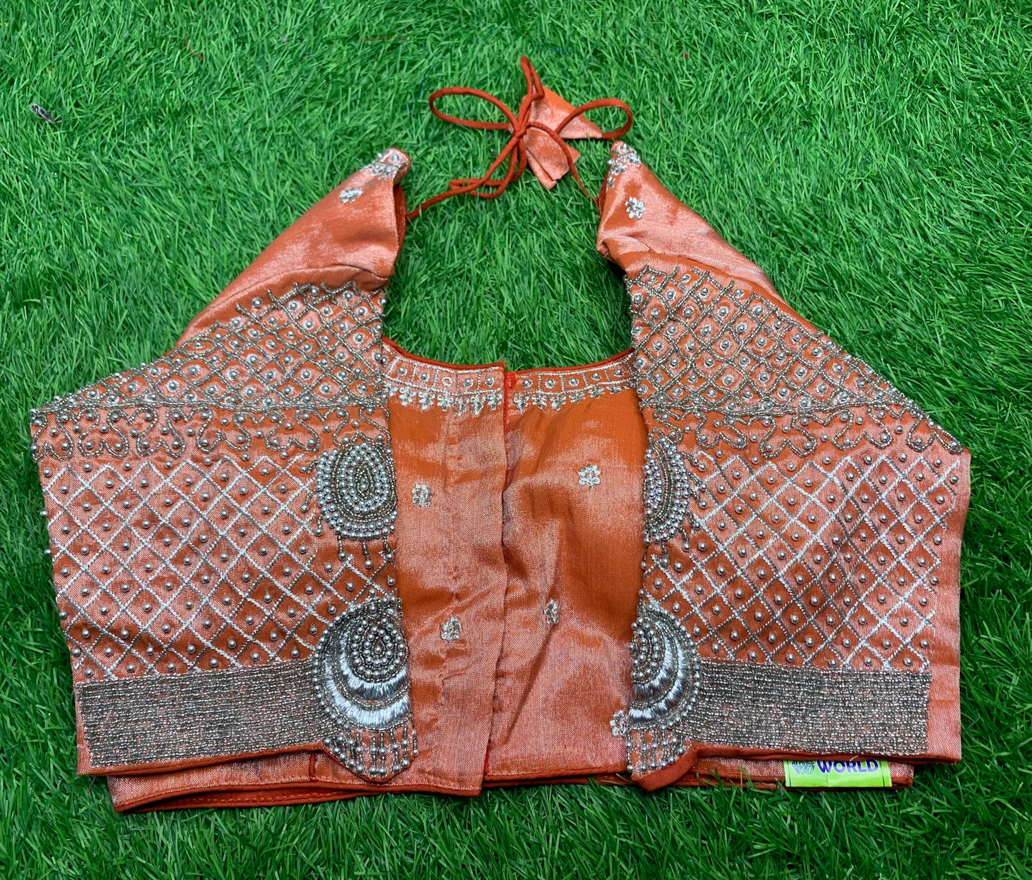 Orange 🍊 tissue with silver heavy work blouse 👚