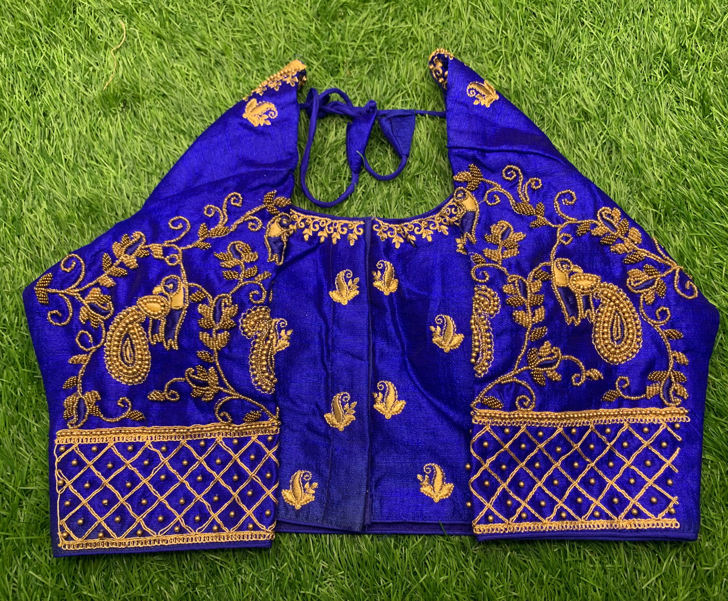 Royal blue back u neck maggam work blouse