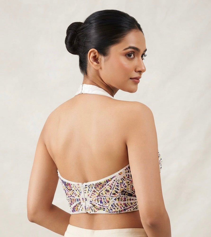 Multicolour Pearl blouse halter neck pattern