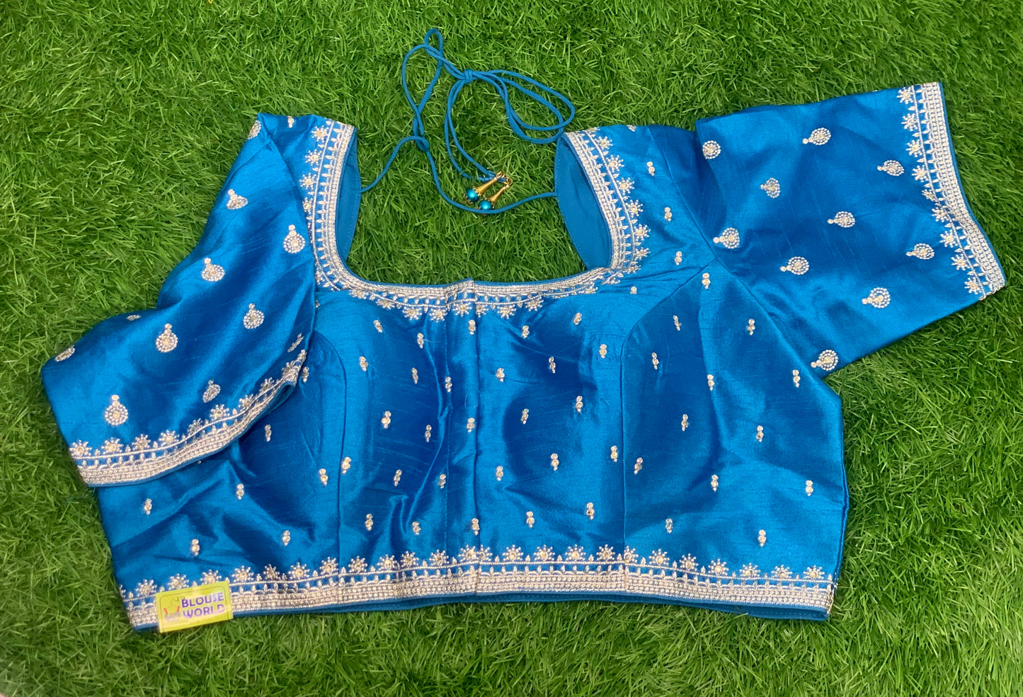 Sky blue silver embroidery blouse