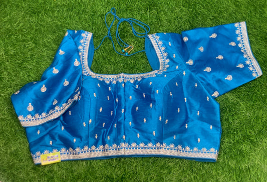 Sky blue silver embroidery blouse