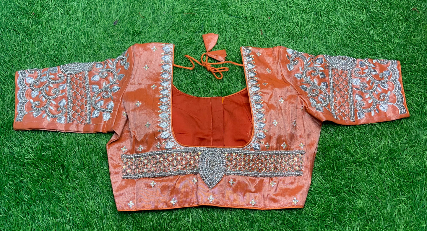 Orange silver tissue heavy hand work blouse