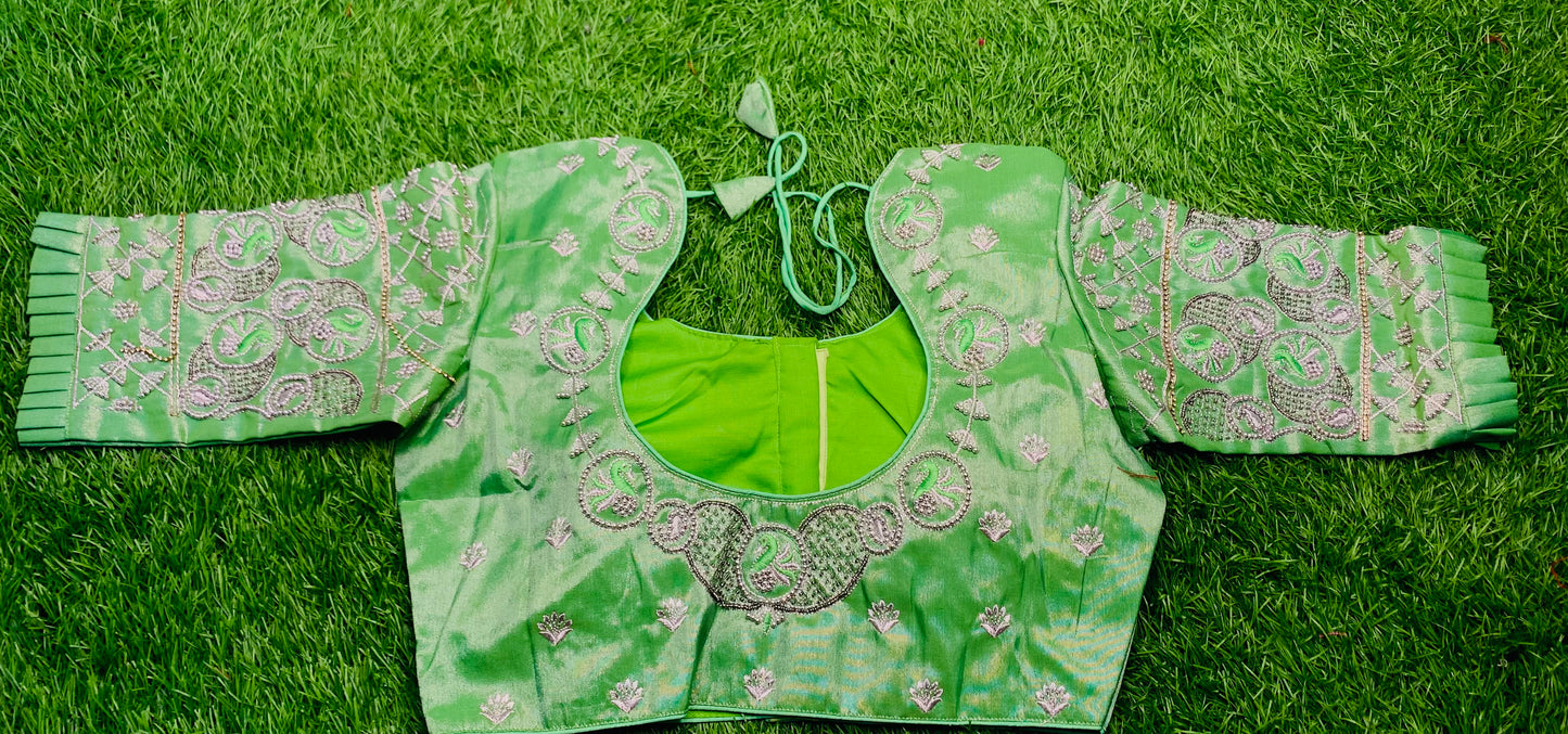 Mint green with peacock 🦚 on hand heavy work blouse 👚