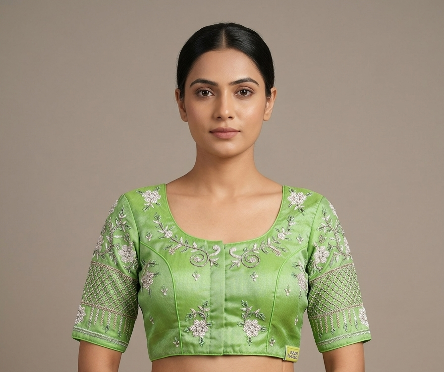 Parrot green silver maggam work blouse
