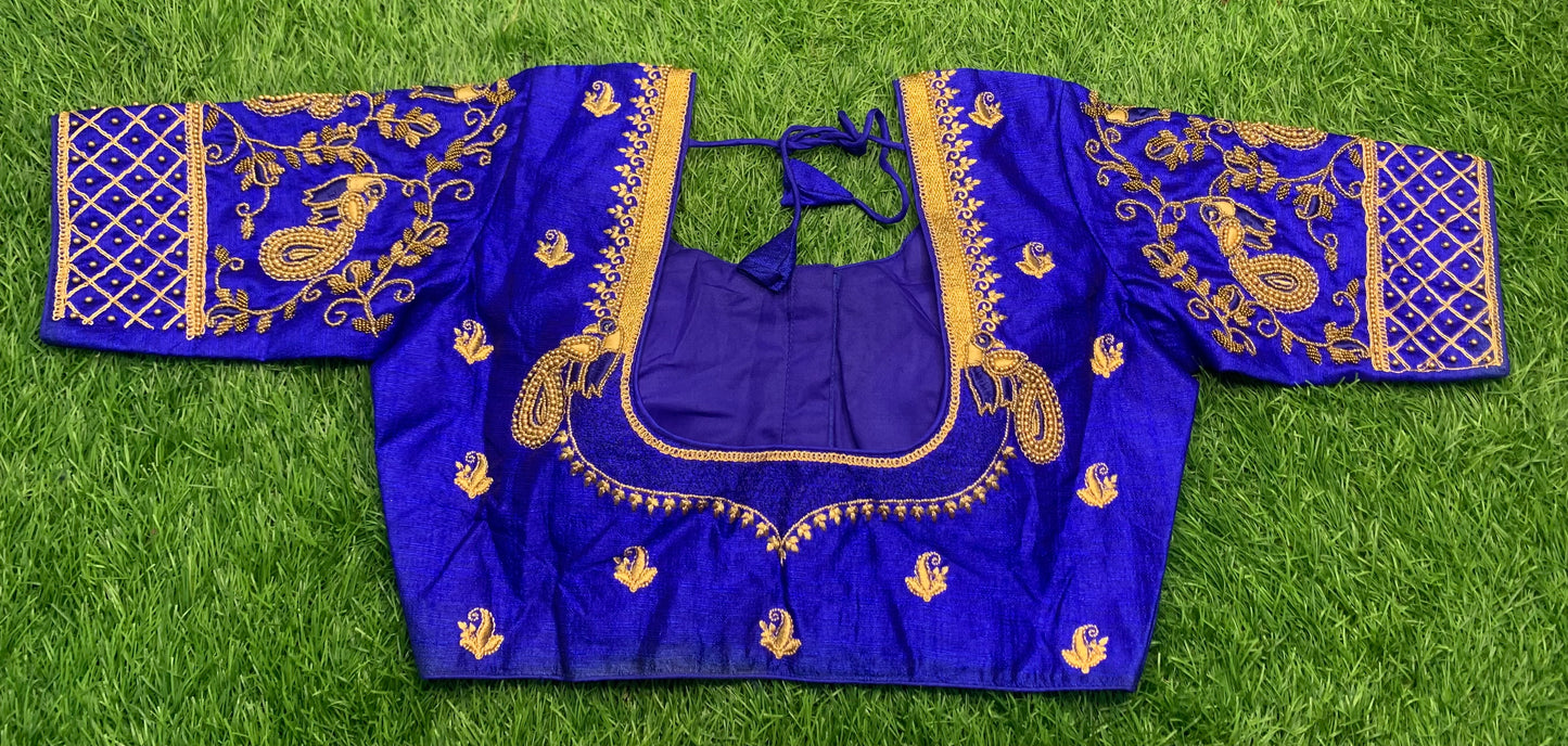 Royal blue back u neck maggam work blouse
