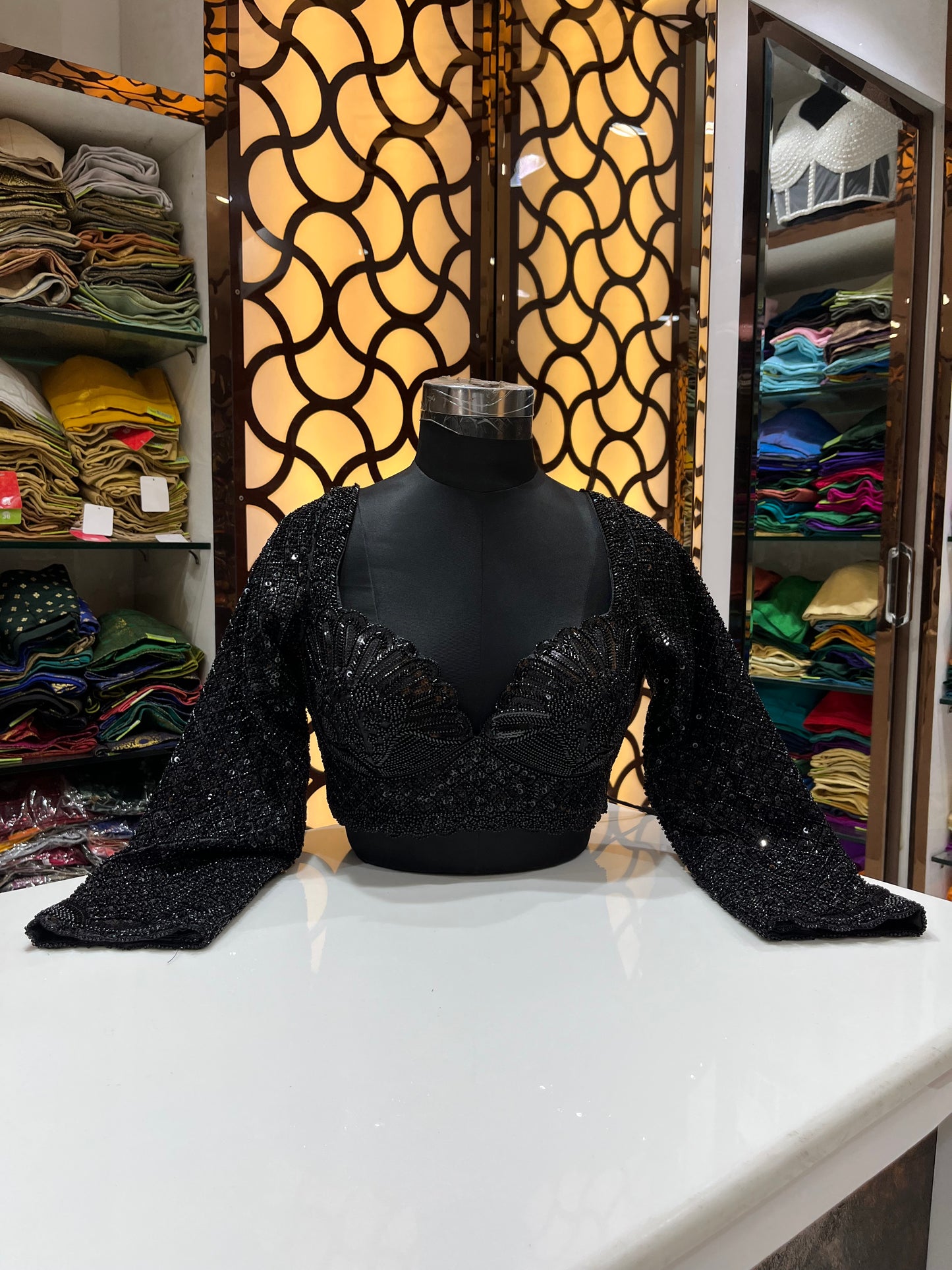 Jet Black Sequin Encrusted Shell-Bodice Blouse 👚