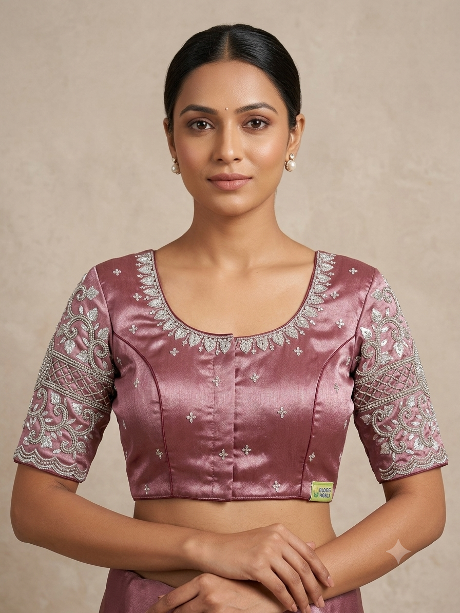 Marroon tissue silver maggam work blouse