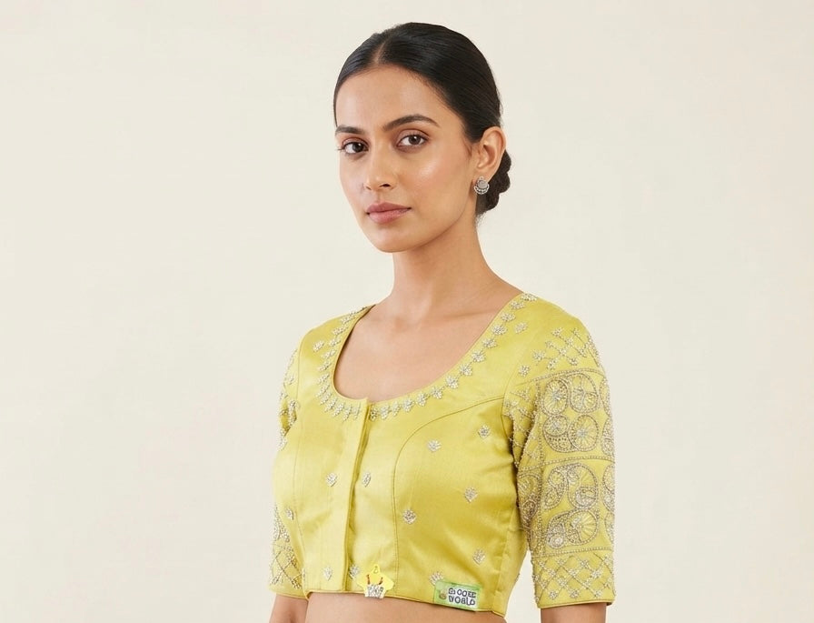 Yellow Silver maggam hands work Blouse 👚