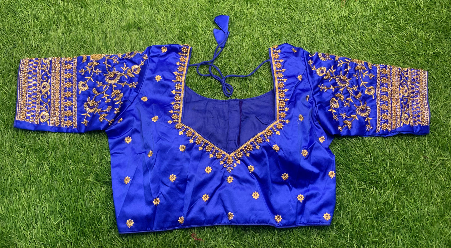 Royal blue v neck golden work blouse