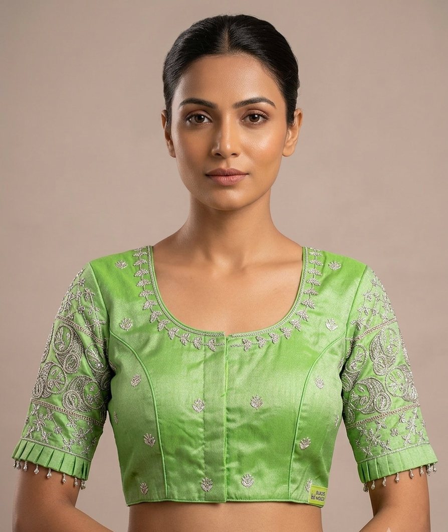 Parrot green silver maggam work blouse