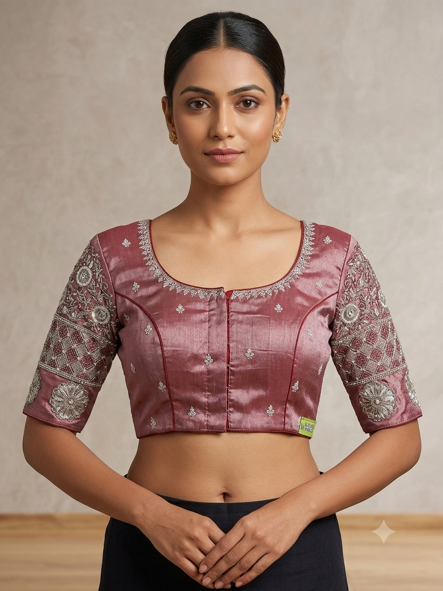 Marroon tissue silver maggam work blouse