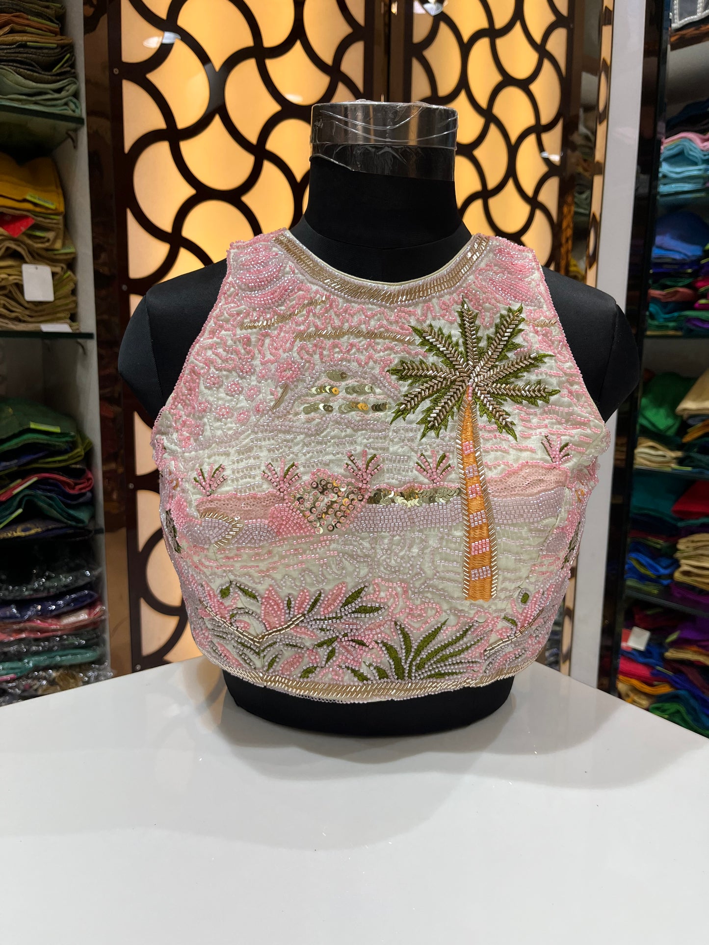 Pastel Pink Palm Tree Embroidered Bodice