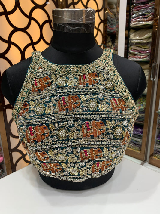 Rama green sleeveless blouse elephant design