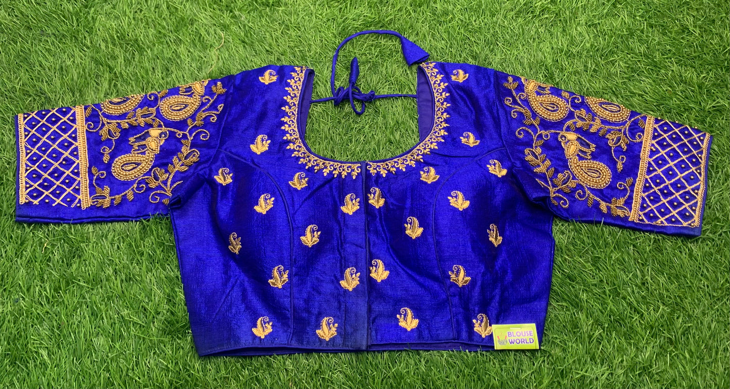 Royal blue back u neck maggam work blouse