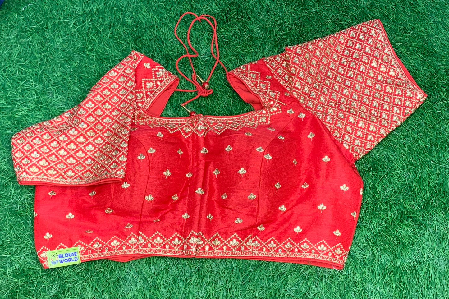 Red pure raw silk golden zari