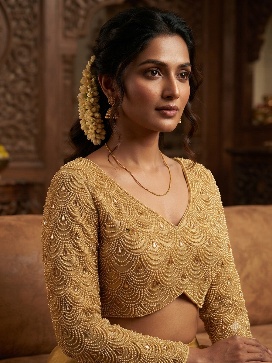Premium golden Pearl work full hands Blouse 👚