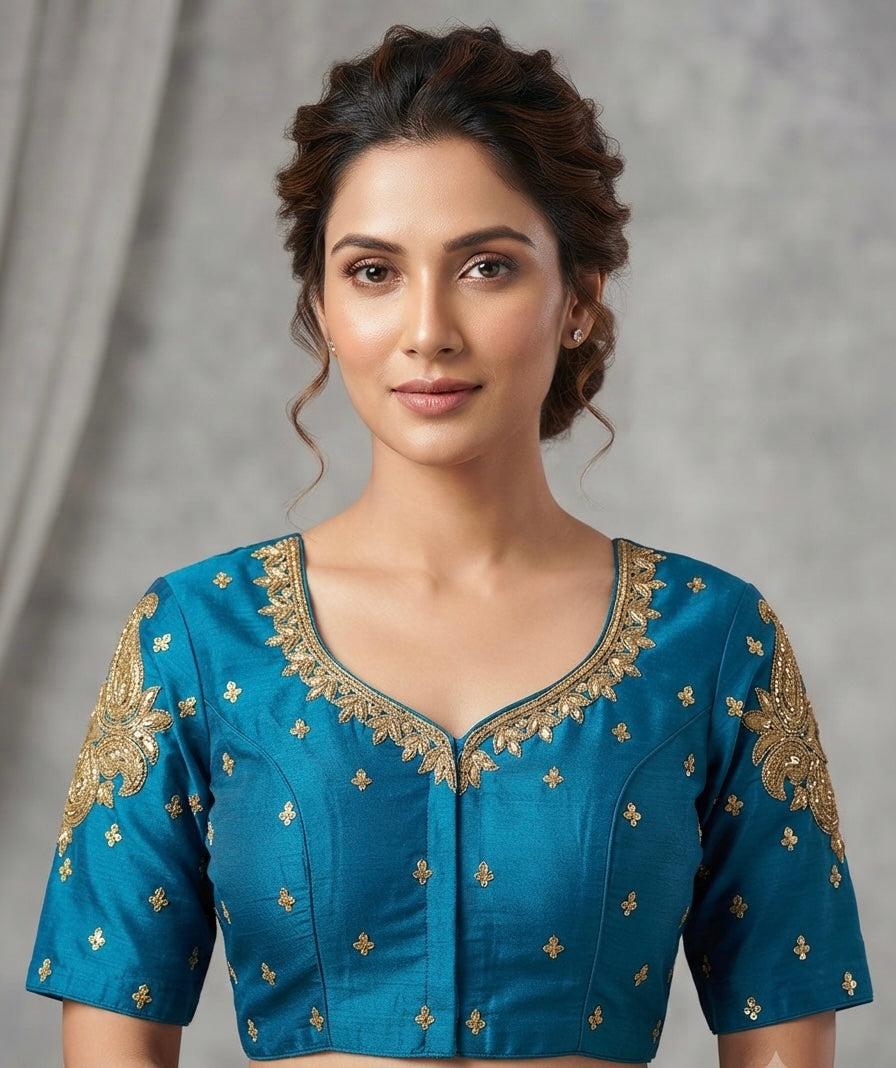 Dark sky blue maggam work blouse