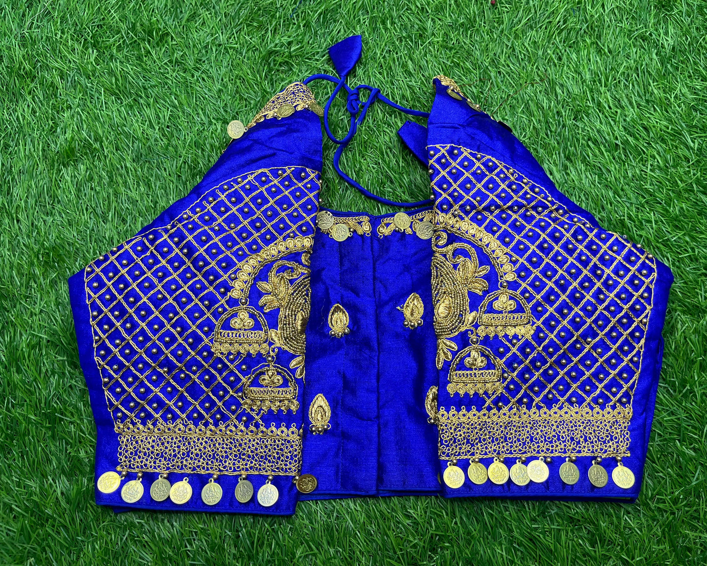 Royal blue 💙 coins 🪙 work with hanging bell model blouse 👚