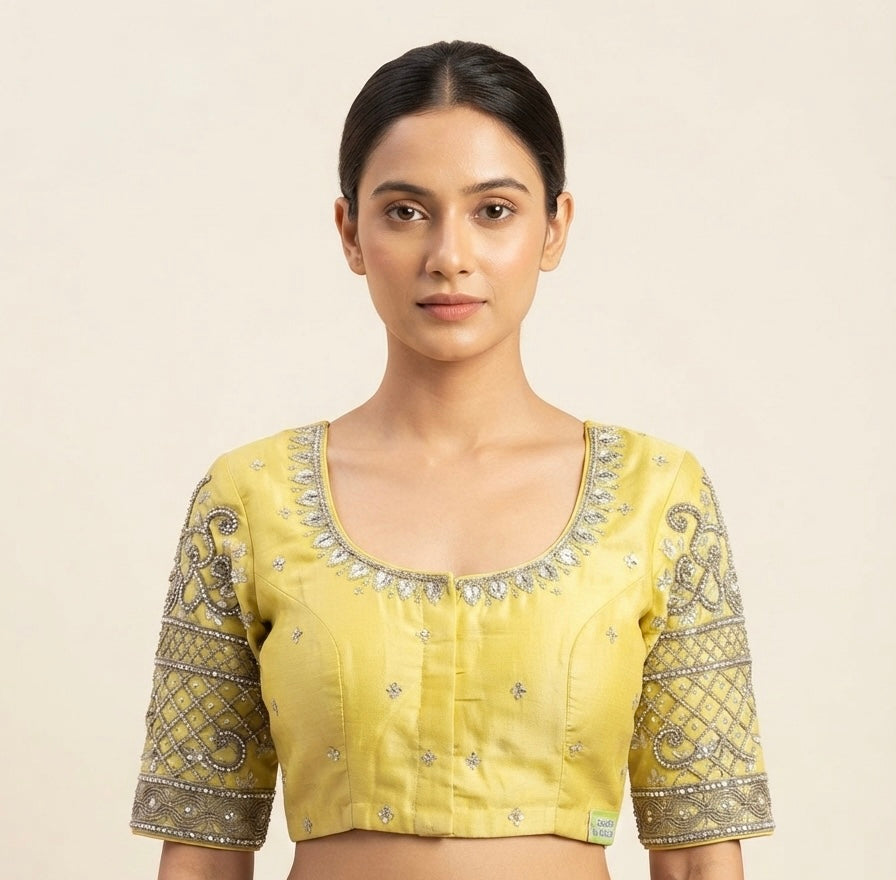 Yellow Silver maggam hands work Blouse 👚
