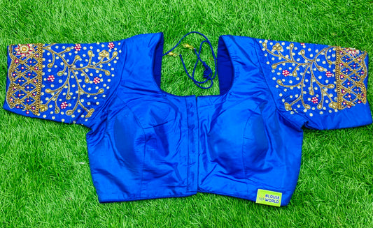 Sky blue maggam hand work with gold zari blouse