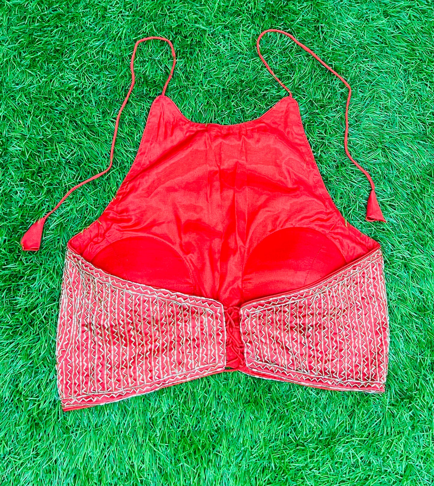 Red halter neck blouse