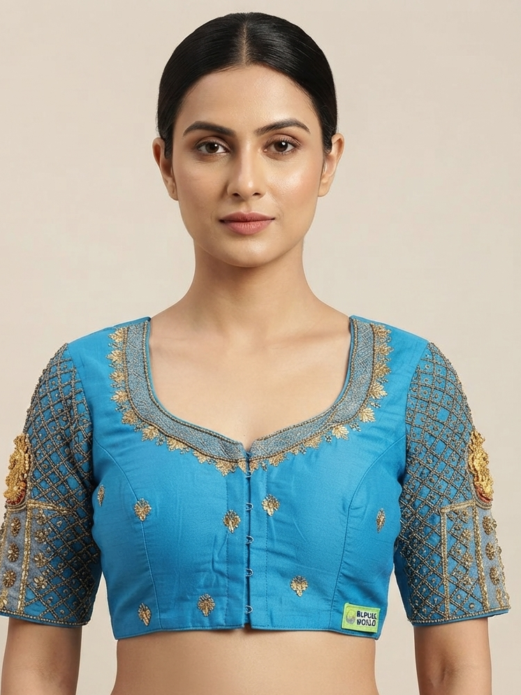 Sky blue maggam work gold Blouse 👚
