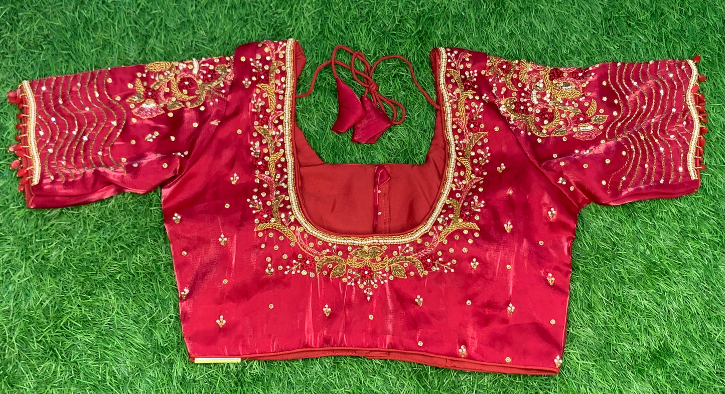 Tissue organza maggam reddish Marron heavy work
