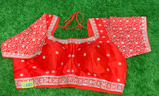 Silver zari work red embroidery blouse