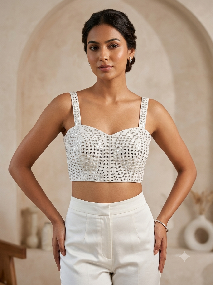 Mirror 🪞 work sleeveless premium white colour blouse 👚